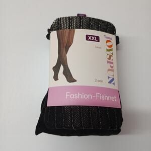 Size 2XL XXL 2 Pair Joyspun Fashion Tights Black Fishnet Lurex Black Opaque